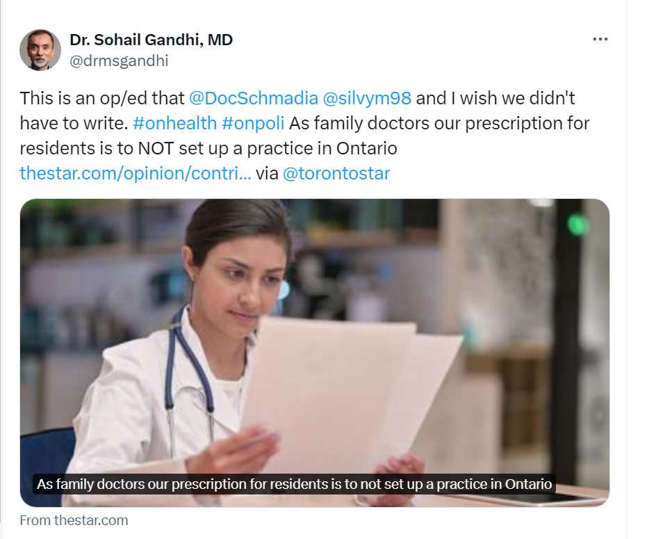 Dr. Ghandhi posting on X : "As family doctors our prescription for residents is to NOT set up a practice in Ontario"
